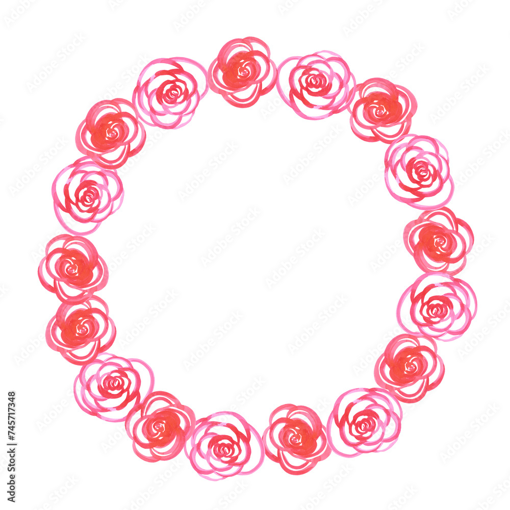 Hand drawn watercolor pink and red abstract roses wreath frame border isolated on white background. Can be used for album, post card and other printed products.