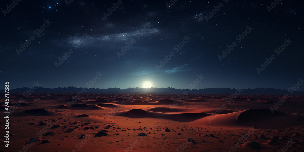 Sand dunes under a starry night sky in the desert، Starry Night Sky Over Vast Desert Landscape Sand dunes under a starry night sky in the desert، Starry Night Sky Over Vast Desert Landscape