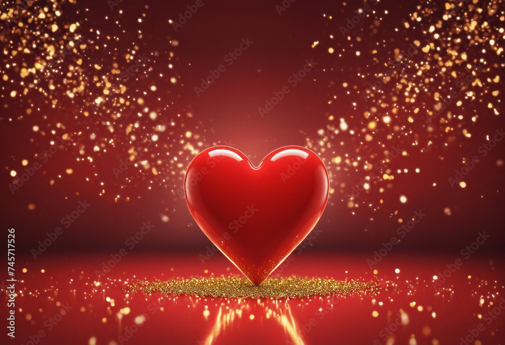 Red heart on a glowing red background with golden bokeh