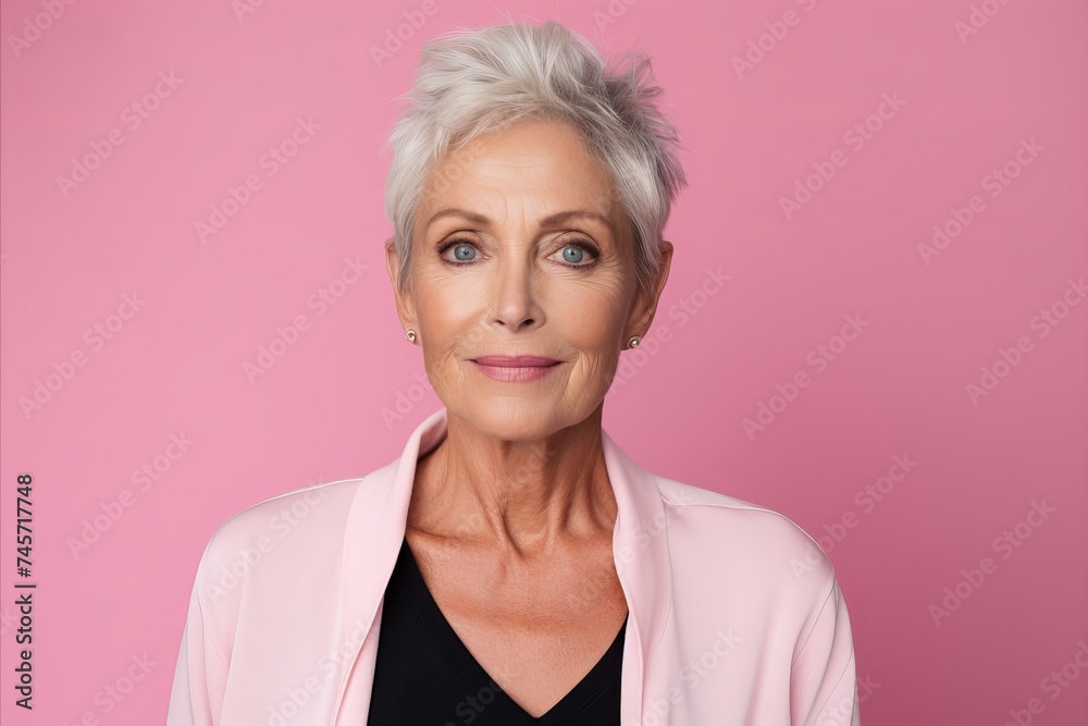 Portrait of beautiful mature woman looking at camera and smiling while standing against pink background Portrait of beautiful mature woman looking at camera and smiling while standing against pink background