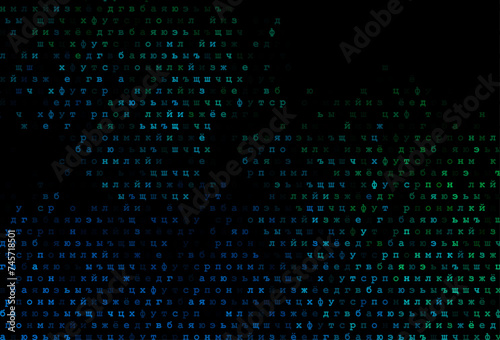 Dark blue, green vector background with signs of alphabet.