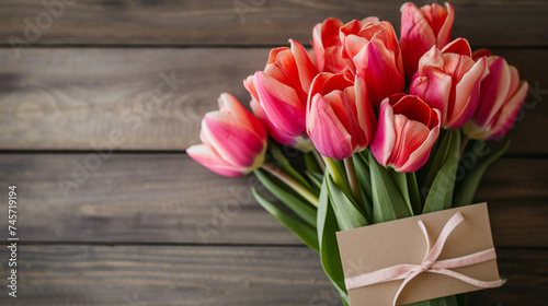 bouquet of tulips flowers on a wooden background
