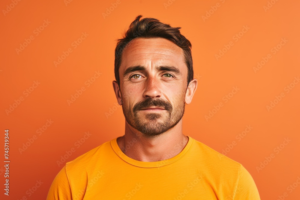 Portrait of a handsome man in yellow t-shirt on orange background Portrait of a handsome man in yellow t-shirt on orange background