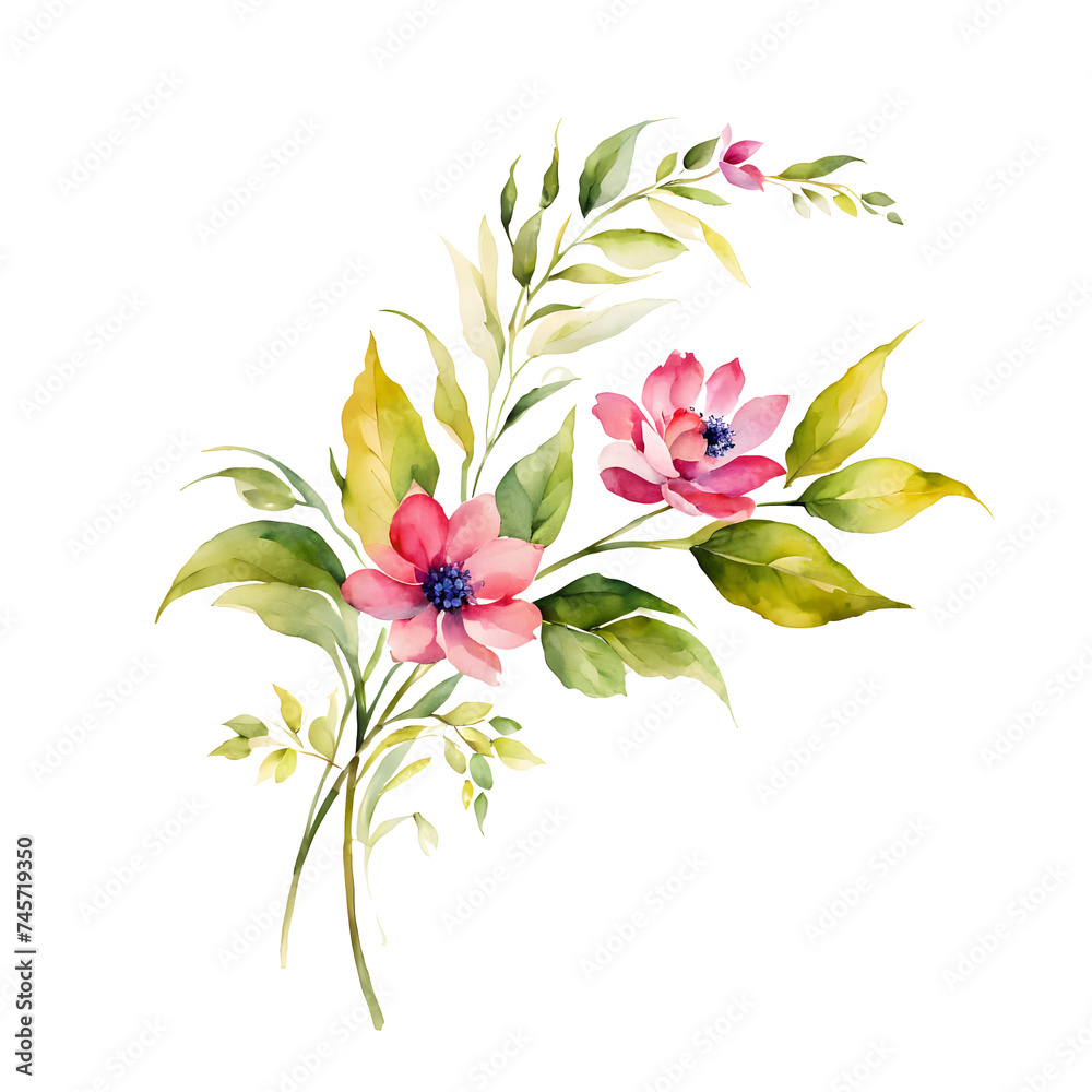 Green leaf and blush pink flower bouquet border on a white backdrop. Hand-painted watercolor seamless design featuring floral illustration and foliage pattern.