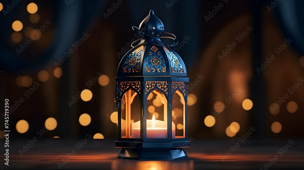 Lantern with burning candle on the table. Ramadan Kareem background