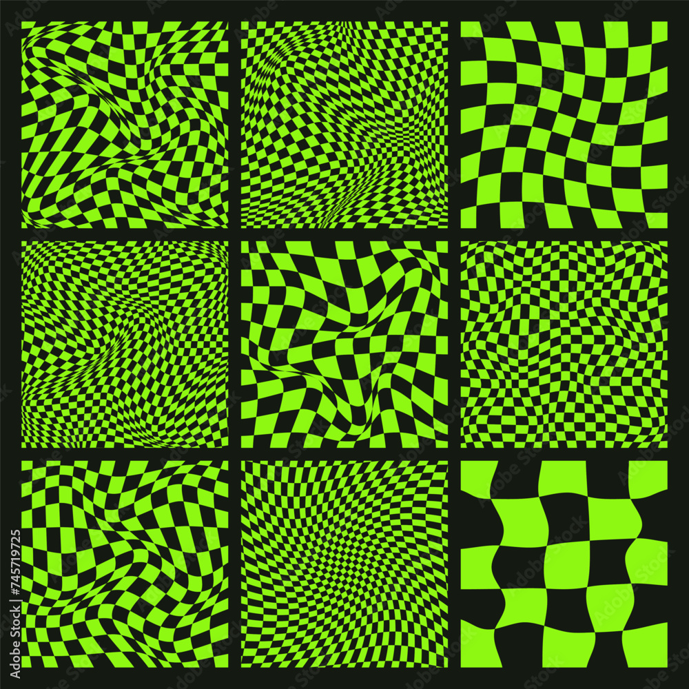 Trendy checkered pattern, black and green distorted tiled grid. Wavy ...