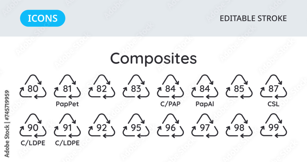 Fototapeta premium Composites recycling codes icons. Triangular environmental symbols of materials. Set of elements on a white background. Editable stroke.