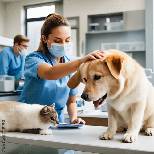  Siamese cat and a dog with a sticking-out tongue for examination and treatment in the veterinary clinic