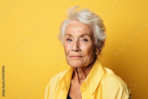 Portrait of an elderly woman on a yellow background. Studio shot. © Iigo