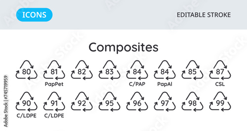 Composites recycling codes icons. Triangular environmental symbols of materials. Set of elements on a white background. Editable stroke.