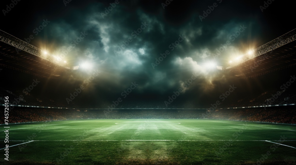 A shot of green soccer field bright spotlights match ground Generative AI - obrazy, fototapety, plakaty 