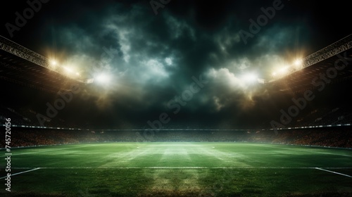 A shot of green soccer field bright spotlights match ground Generative AI photo