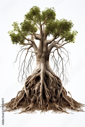 Big tree with roots isolated on white background. Ai Generative