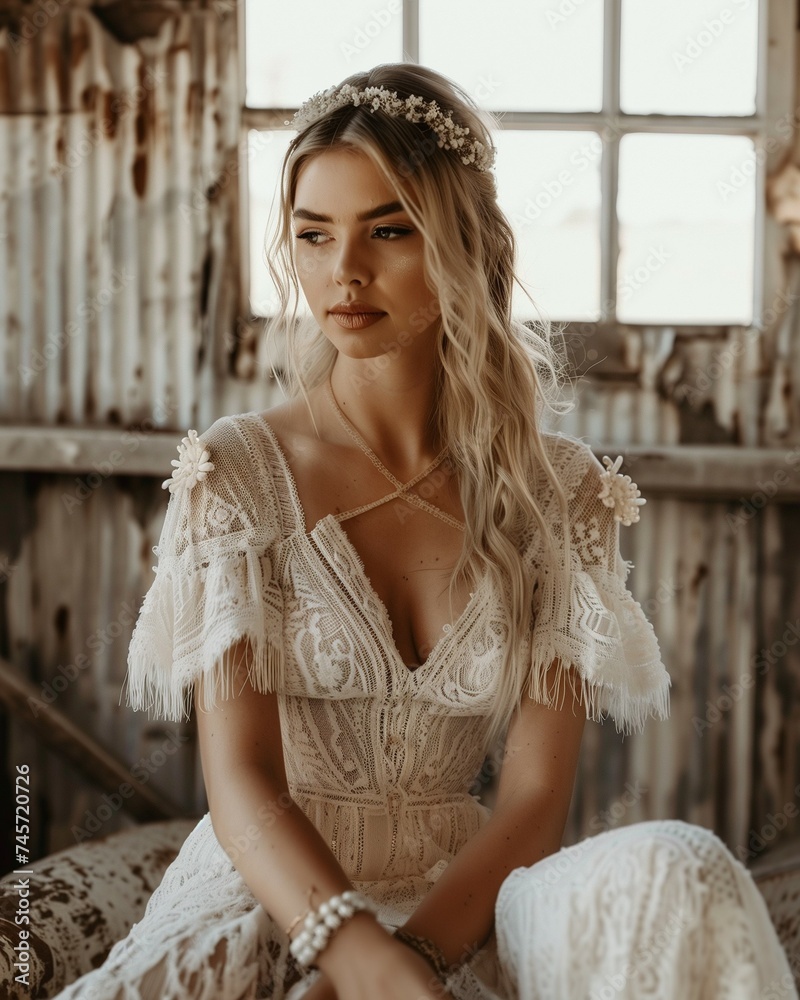 woman in a white wedding dress sitting in an old rusty abandoned house. woman in a white wedding dress sitting in an old rusty abandoned house.