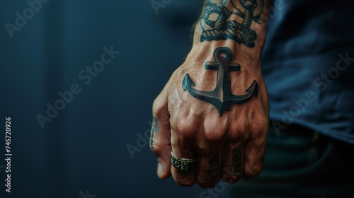 A detailed UHD capture of a man's hand tattoo featuring a minimalist anchor design, against a solid navy blue background, symbolizing stability and steadfastness in ultra-high-definition.
