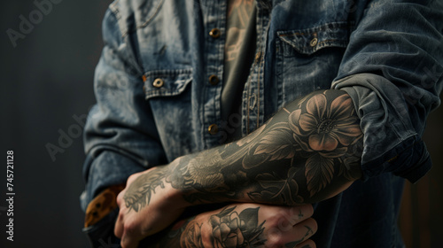 A high-definition capture of a man sporting a sleeve tattoo featuring intricate botanical motifs, complemented by a tailored denim shirt and rugged boots against a solid neutral backdrop.