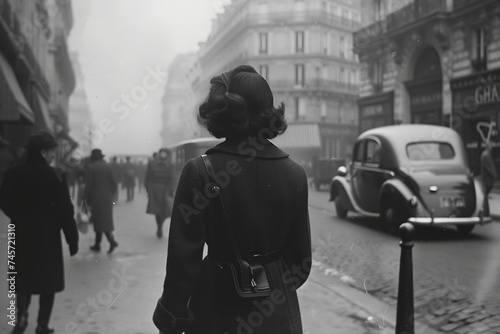 vintage photo black and white , a young adult woman walking through the streets of Paris