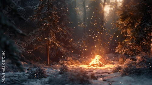 Sparkling Night Campfire in Snow-Covered Winter Forest