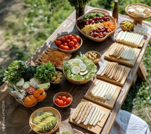 "Fresh Picnic Spread with Variety of Cheeses and Vegetables on Wooden Boards, picnic food table with crackers, sliced vegetables, cheeses, tomatoes and lettuce, handcrafted beauty