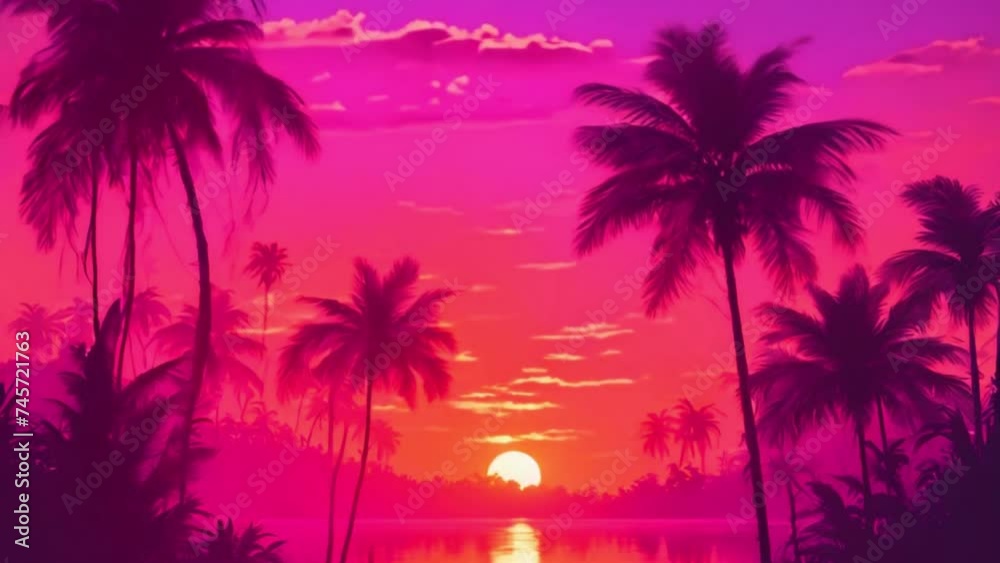 the enchanting beauty of a jungle at dusk, as the sun sets behind the horizon and the sky is painted in hues of orange, pink, and purple.