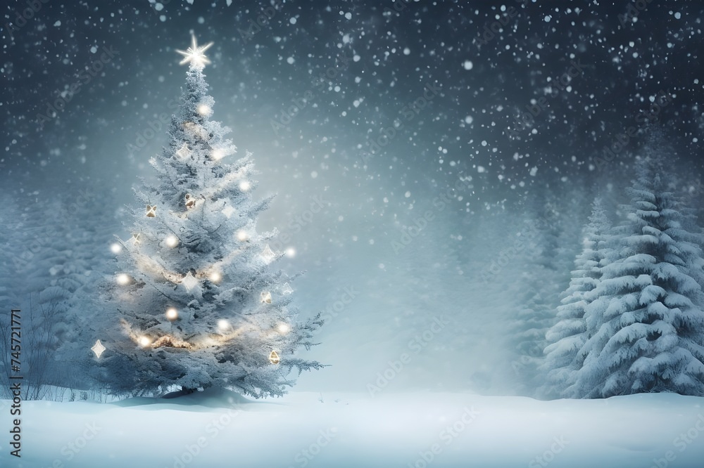 christmas tree in snow at night time AI Generative 