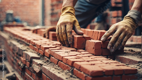 Closeup hands of bricklayer laying brick wall of house photo