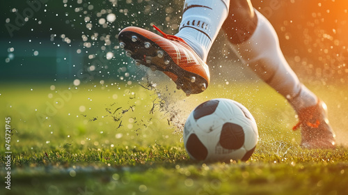 close-up of a football player's leg hitting the ball