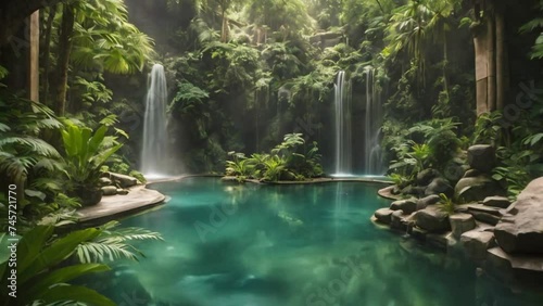 The sense of wonder and awe as viewers stumble upon a hidden jungle oasis, where crystal-clear pools and lush greenery create an oasis of tranquillity amidst the dense foliage. photo