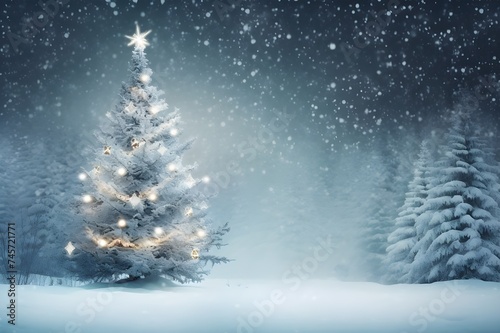 christmas tree in snow at night time AI Generative 