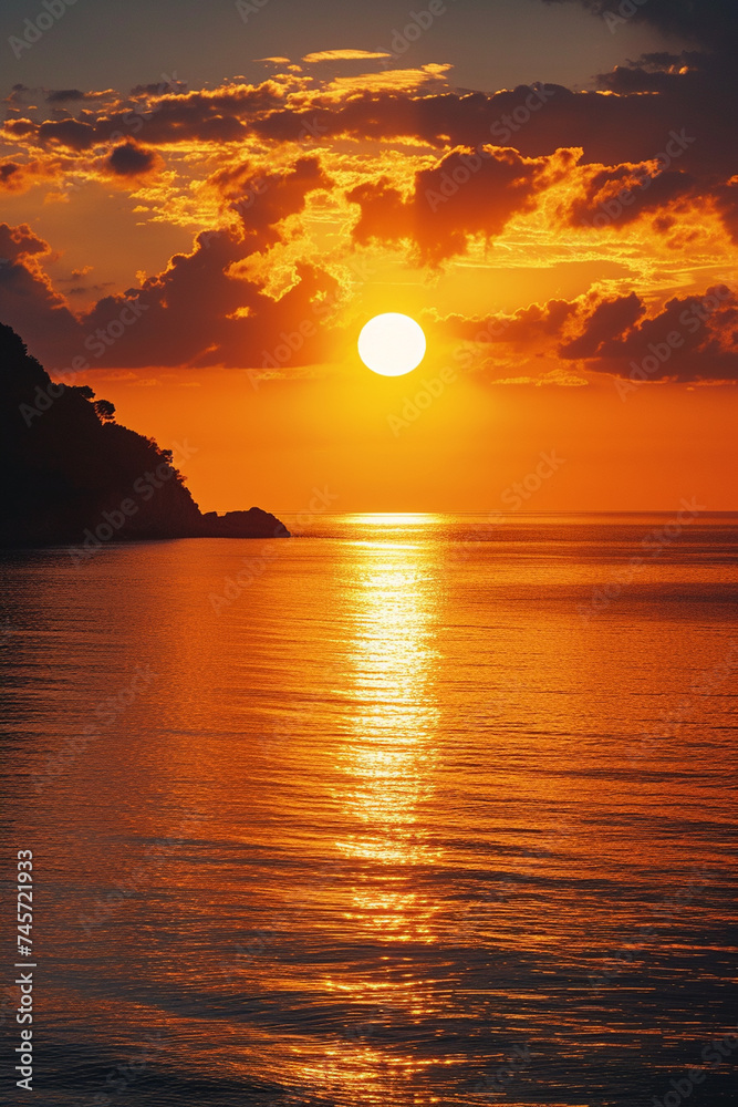 Naklejka premium huge wave breaking on a beach at sunset.