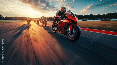 High-Speed Motorcycle Racing at Sunset on a Professional Track photo