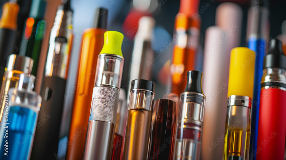 A set of multi-colored disposable electronic. Concept of modern smoking, vaping and nicotine.