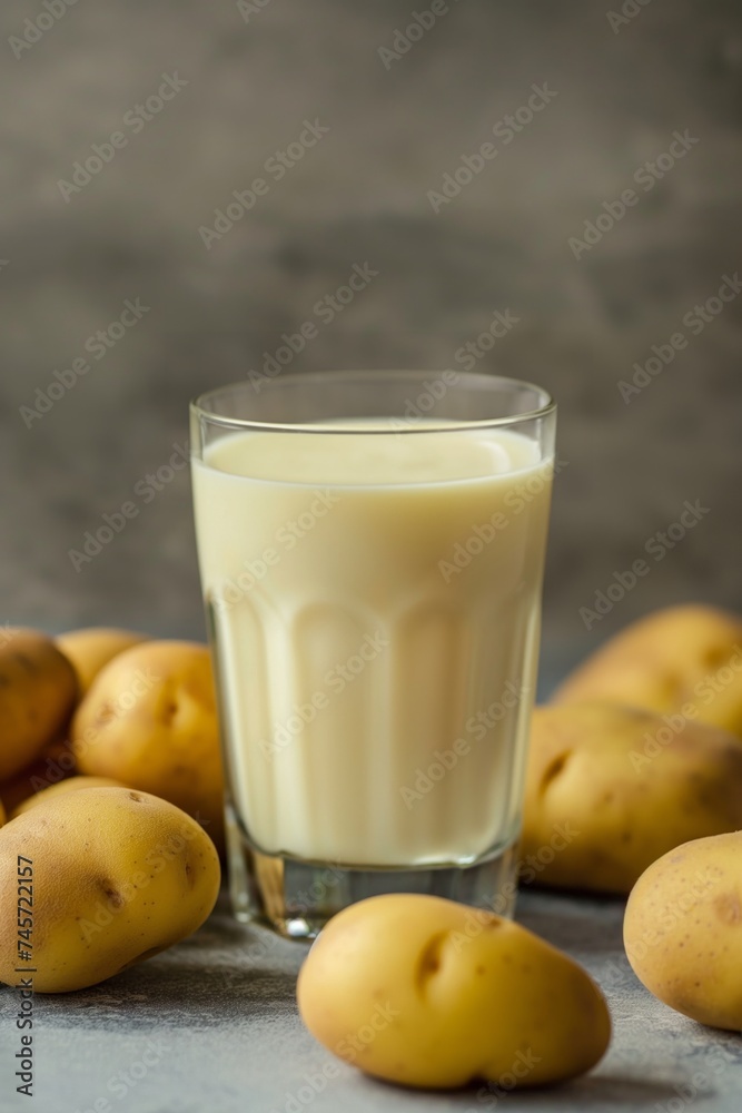 Glass of potato milk with fresh potatoes in the background, a dairy-free milk alternative