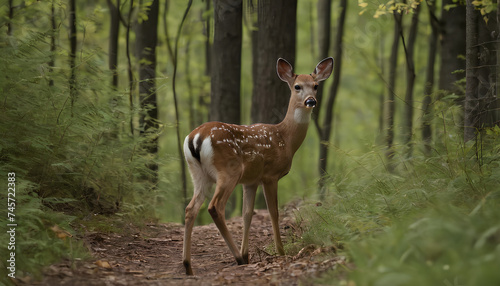 A white-tailed deer  stands in a forest.