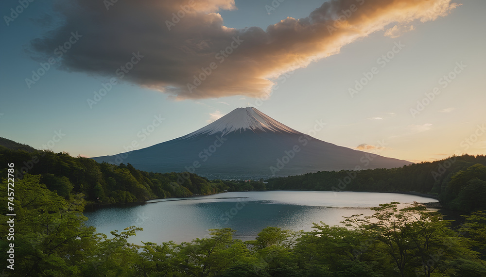 A stunning vista unfolds before us, revealing a tranquil lake shimmering under the bright blue sky. In the distance, majestic and imposing, Mount Fuji rises tall against the horizon. Its snow-capped p