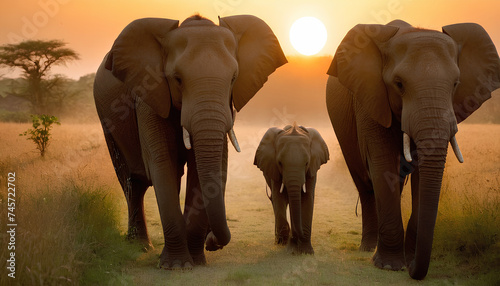 A family of elephants  walks together in a line, with the sun setting behind them. © Agung
