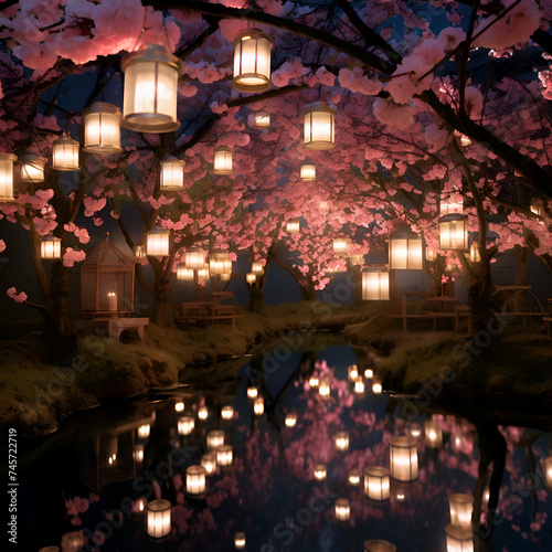Lanterns with cherry blossom in the garden at night