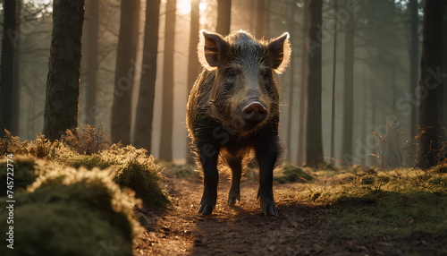 A large wild boar stands in a forest. The boar is looking directly at the camera.