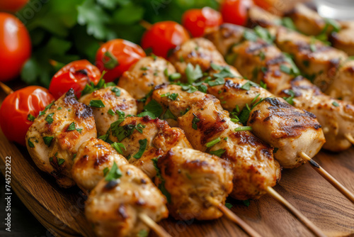 A succulent halal chicken kebab skewer with cherry tomatoes and parsley on a rustic wooden platter. Selective focus.