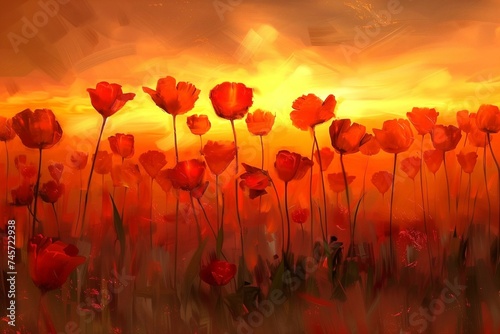 illustration of a red tulip flower field at sunset. © Ilona