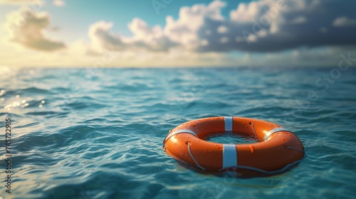 Orange Life Preserver Floating in Ocean at Sunset with Sun Setting in Background as Scenic Water Safety Concept