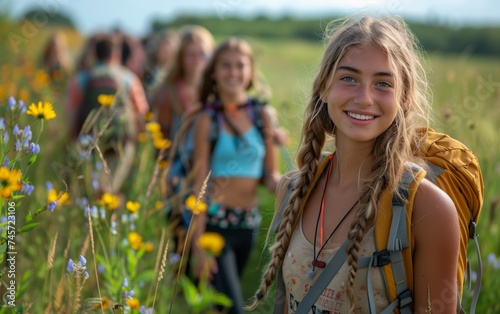 Young female traveler with group of friends in a beautiful flower field