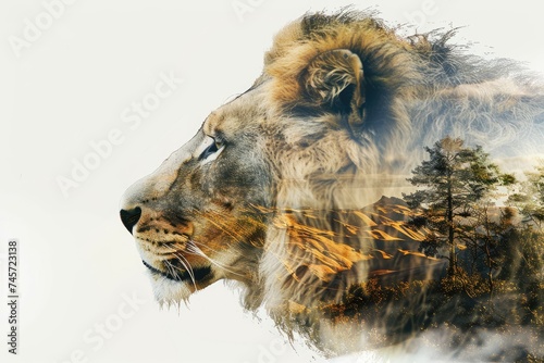 A close-up of a majestic lion merged with a serene savanna landscape in a double exposure © PinkiePie