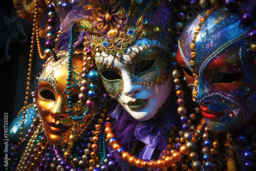 An exhibit of assorted Mardi Gras beads arranged with artistic flair and interwoven with masks showcasing diverse shapes and designs, all enhanced by dazzling stage lighting.