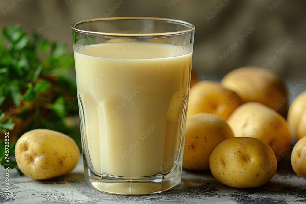 Glass of potato milk with fresh potatoes in the background, a dairy-free milk alternative Glass of potato milk with fresh potatoes in the background, a dairy-free milk alternative