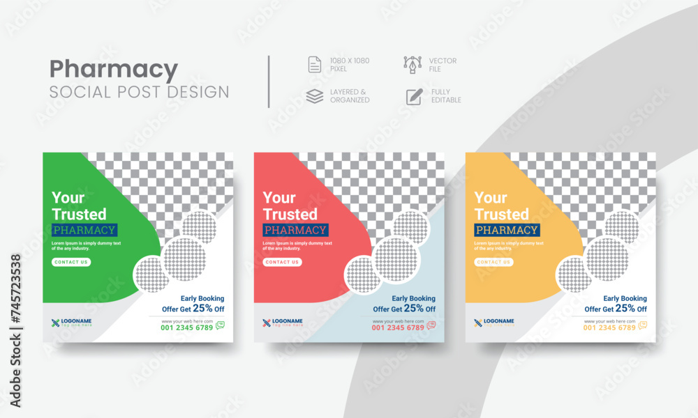 Fototapeta premium Pharmacy social media post for medicine banner ad creative. Functional pharmacy store social media post layout template design. Vol - 19