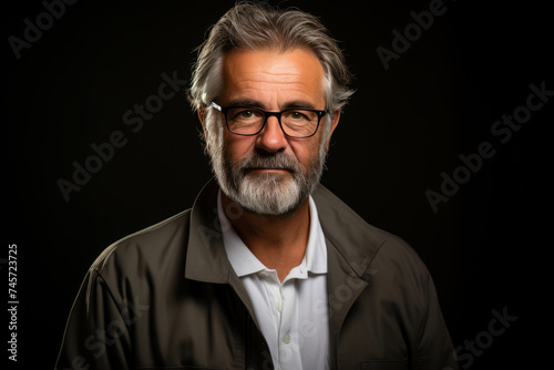 Portrait of a gray-haired man with a beard and glasses