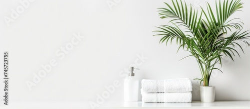Close up of white clean towel and houseplant on the table. Generated AI image