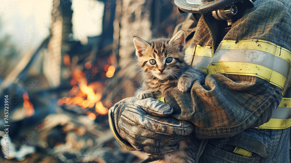 kitten in the hands of a firefighter against the backdrop of a burnt house. rescuing animals from fire