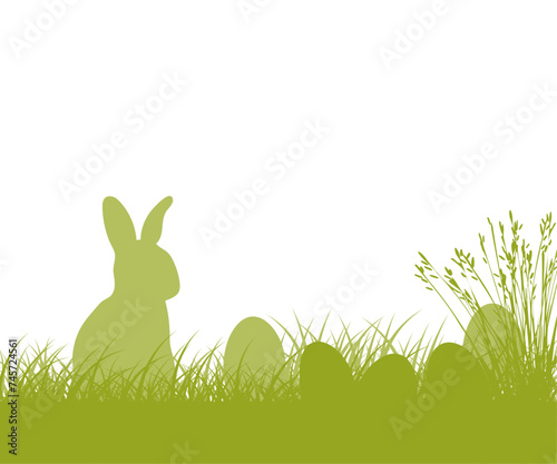 Easter eggs and bunny hiding in a green grass on the meadow with flowers and herbs. Easter bunny ears in the grass field. Egg hunting concert. Vector Easter background, banner, border, template 
